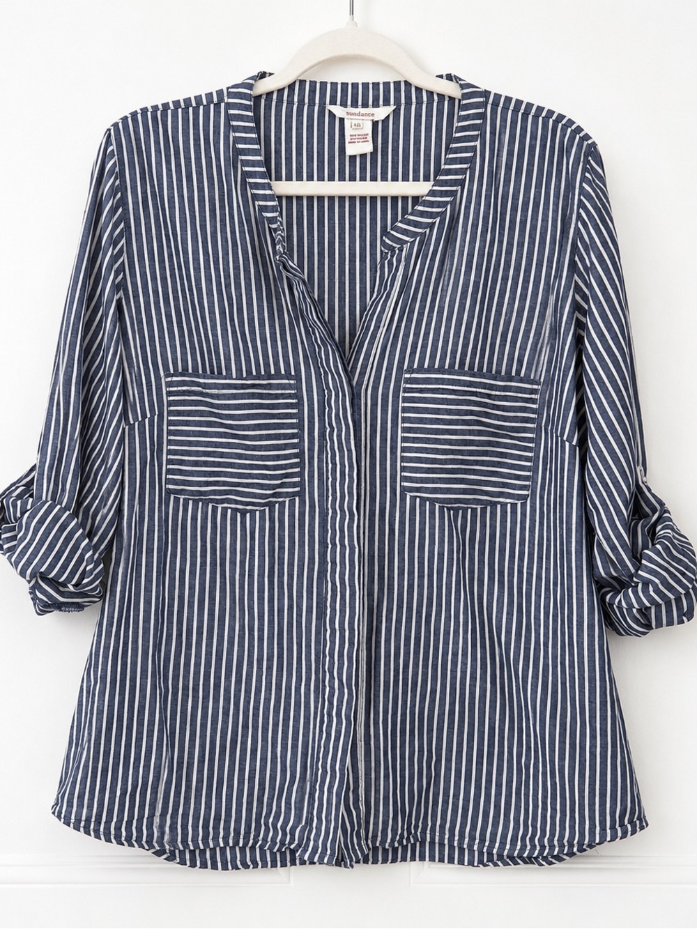 Sundance Navy & White Stripe Dylan Button Front Cotton Top Coastal Grandma Large